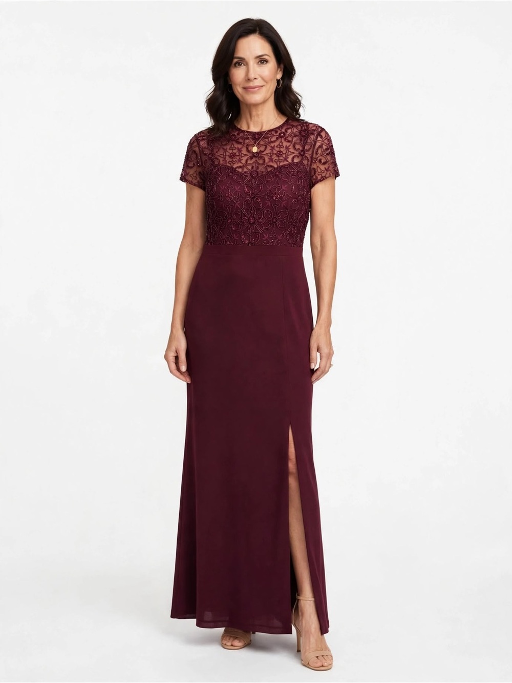 Aidan Mattox Beaded Burgundy Gown 14 Mother of Bride Wedding Guest Formal Lace